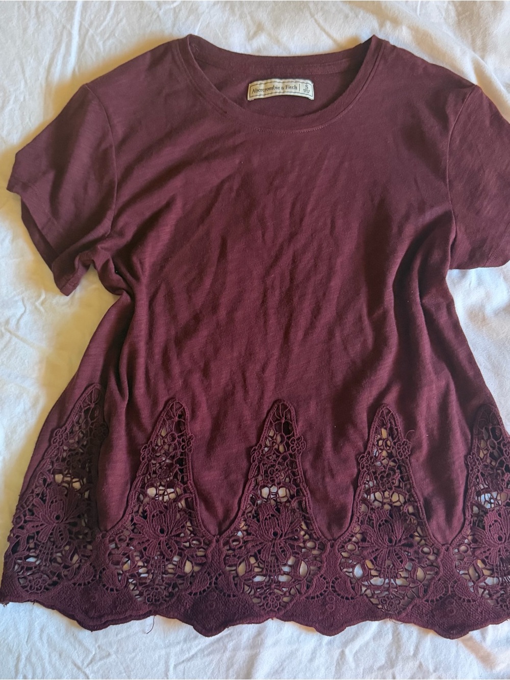 Abercrombie & Fitch Women's Wine Short-Sleeve Tee with Crochet Hem